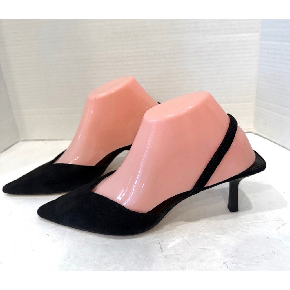 H&M Black Pointed Toe Faux Suede Slingback Heel Pump Shoes EU 38 US 7